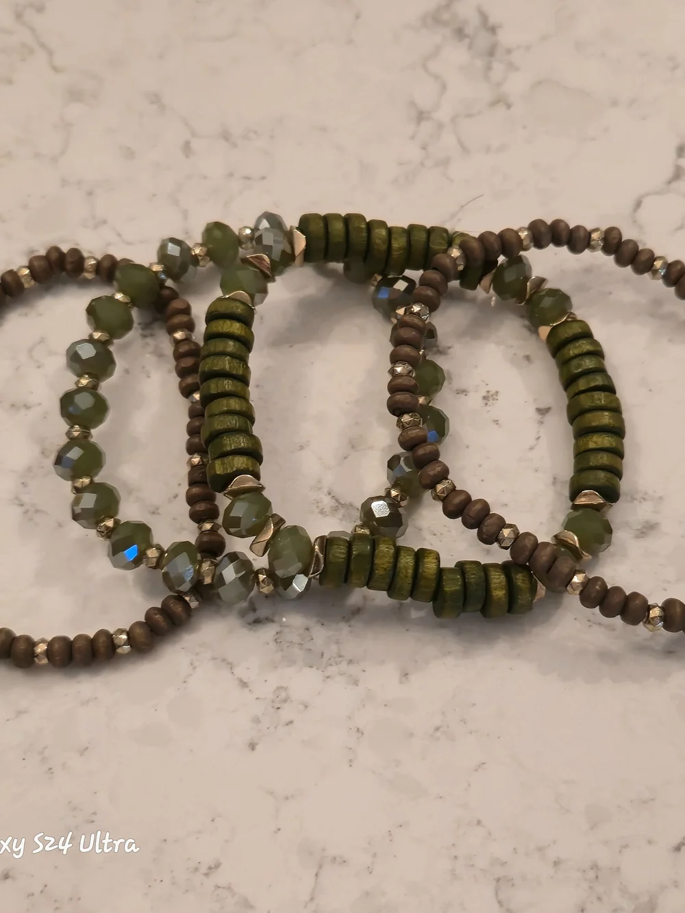 Source Unknown Olive Green and Brown Beaded Stretch Bracelet Set